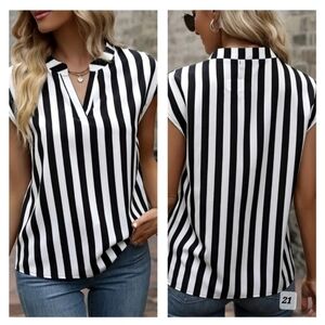 New Striped Notched Neck Blouse.  WHITE & BLACK STRIPES.